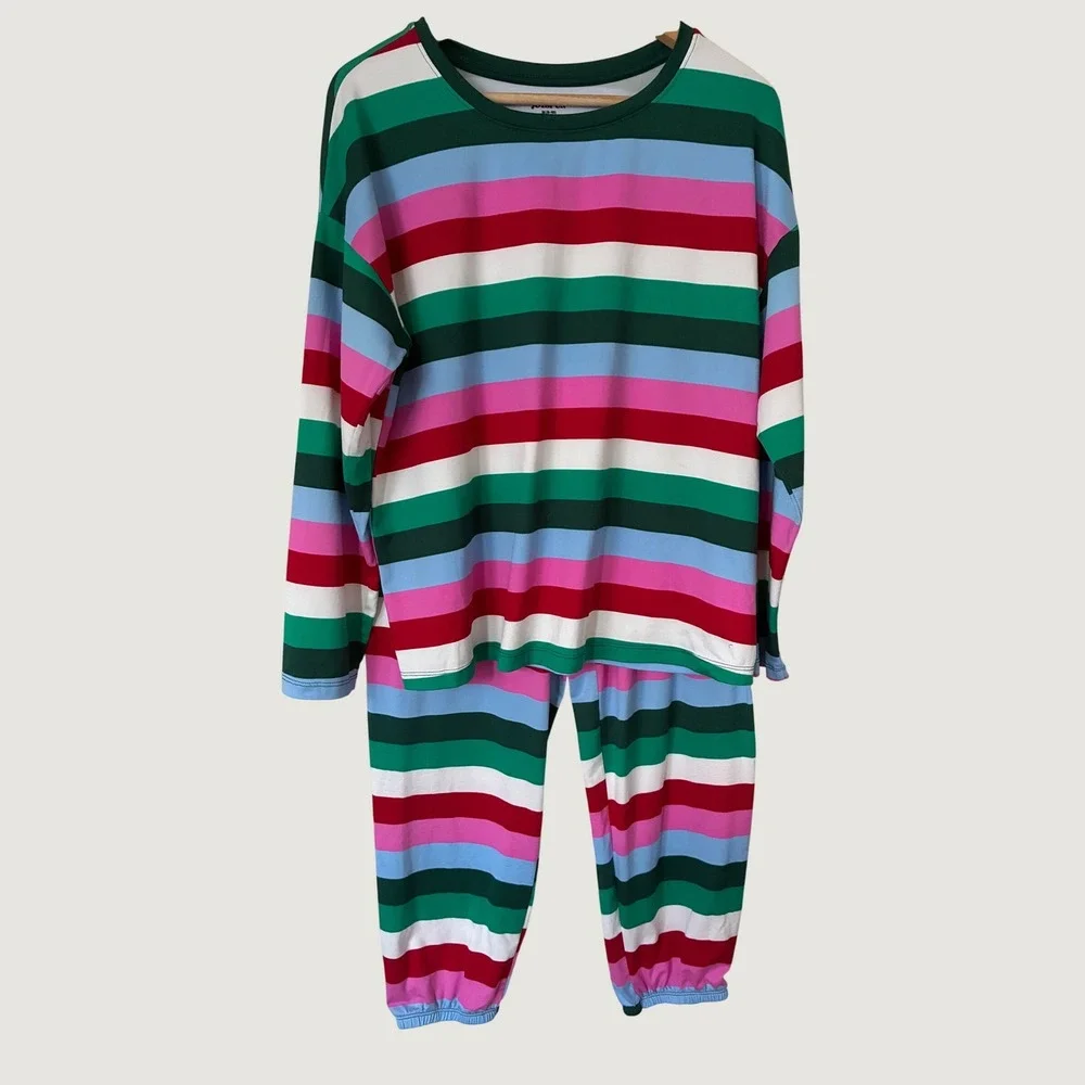 Joyspun Women Multi Color Striped Pajama Set Long Sleeve Top Joggers Medium